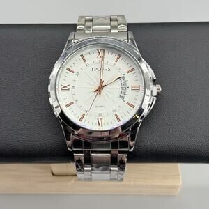 TPOFHS Men's Quartz Watch Stainless Steel White Dial Roman Numeral Date Sport